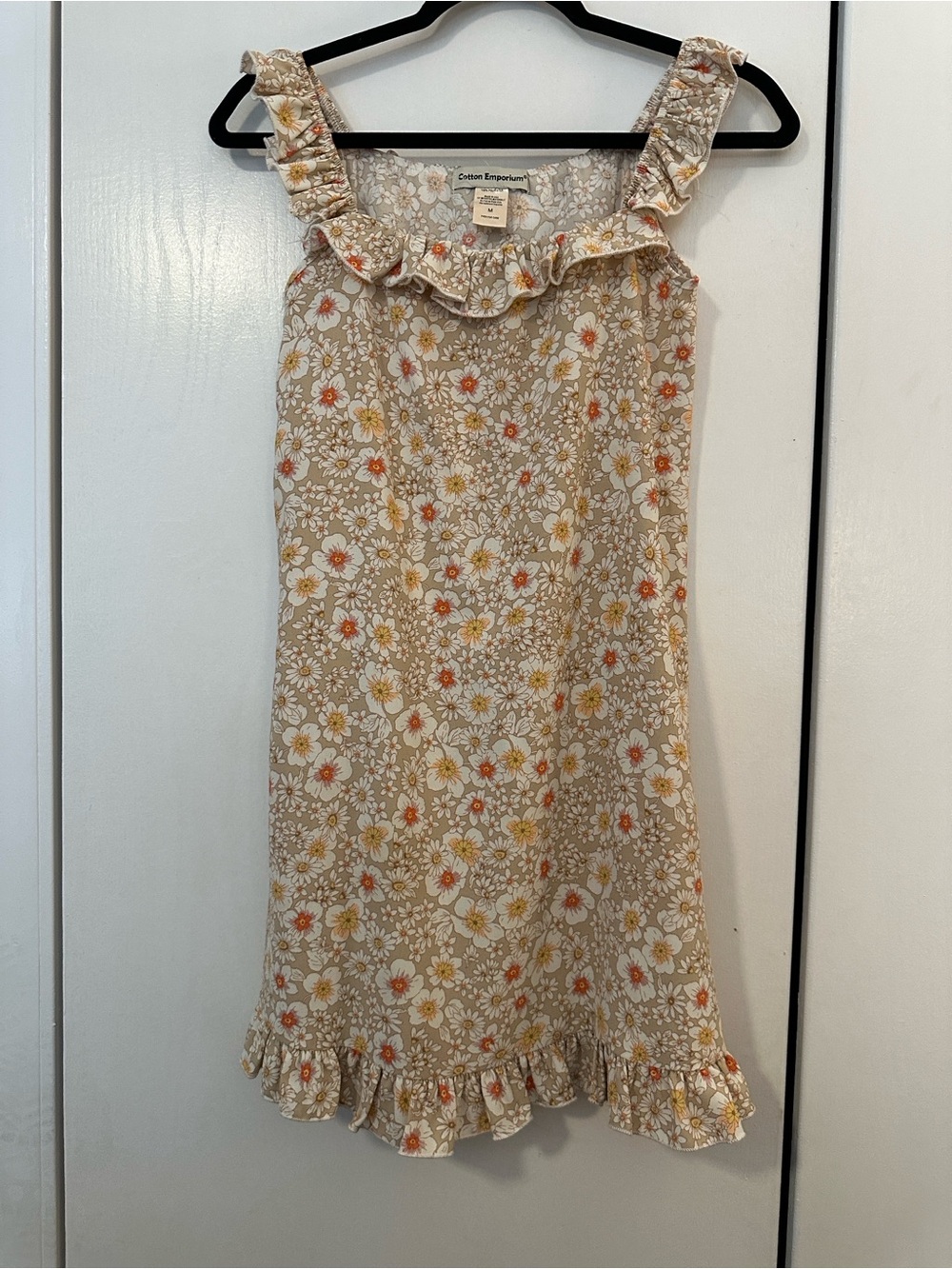 Cotton Emporium Beige Floral Ruffle Sundress with Orange & Yellow Accents